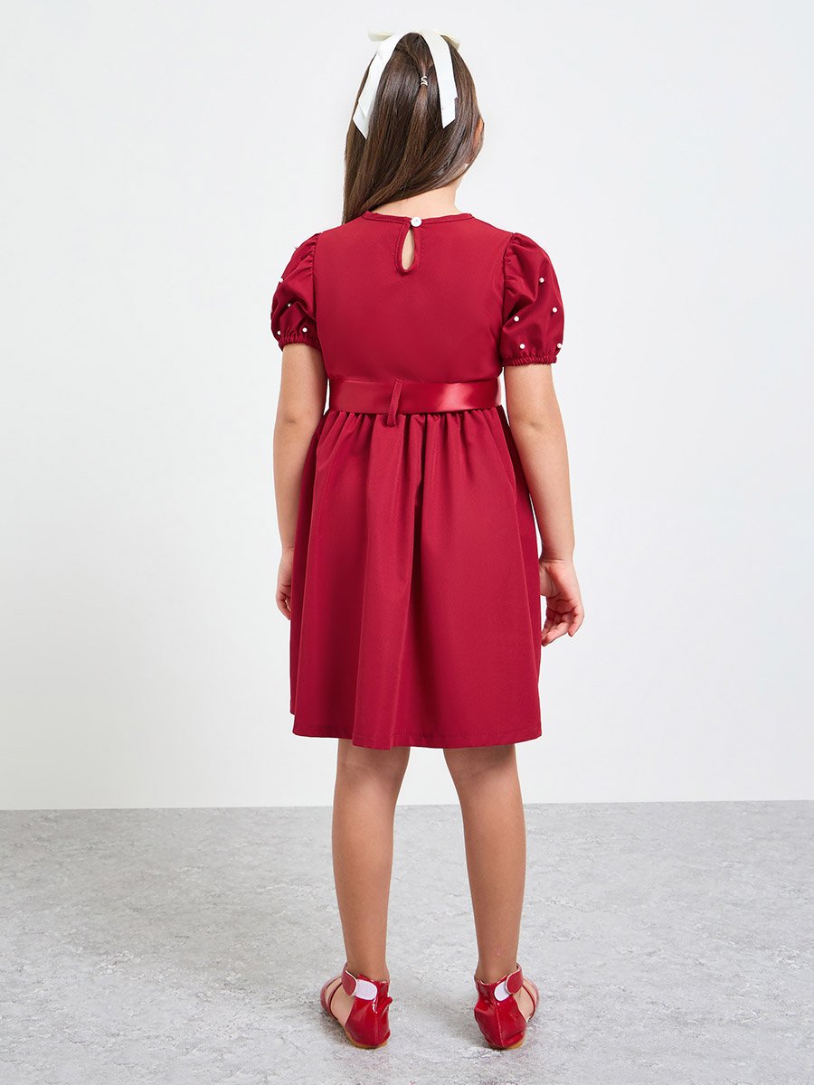 Girls Puff Sleeve Dress with Bow-Tie Waist