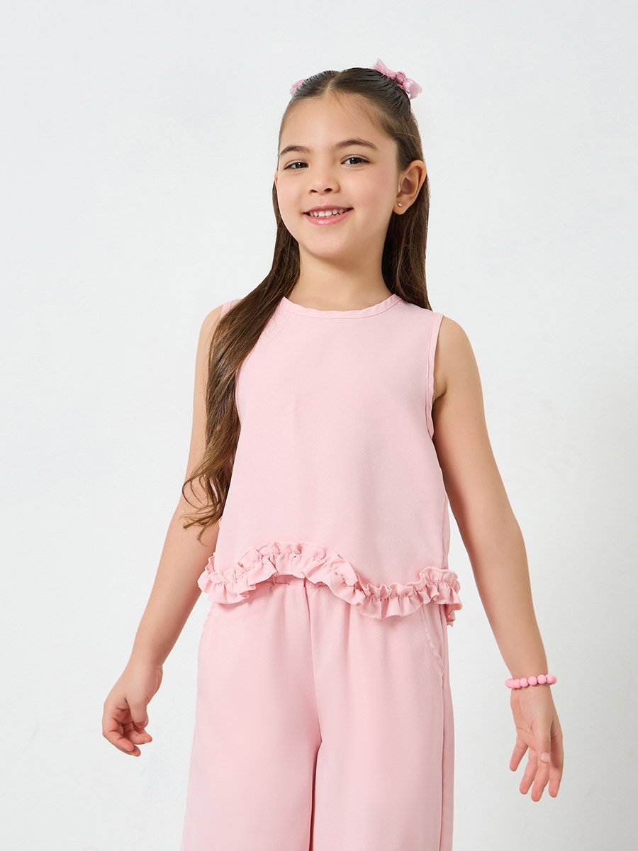 Girls Pink Ruffle Trim Top and Wide-Leg Pants Set