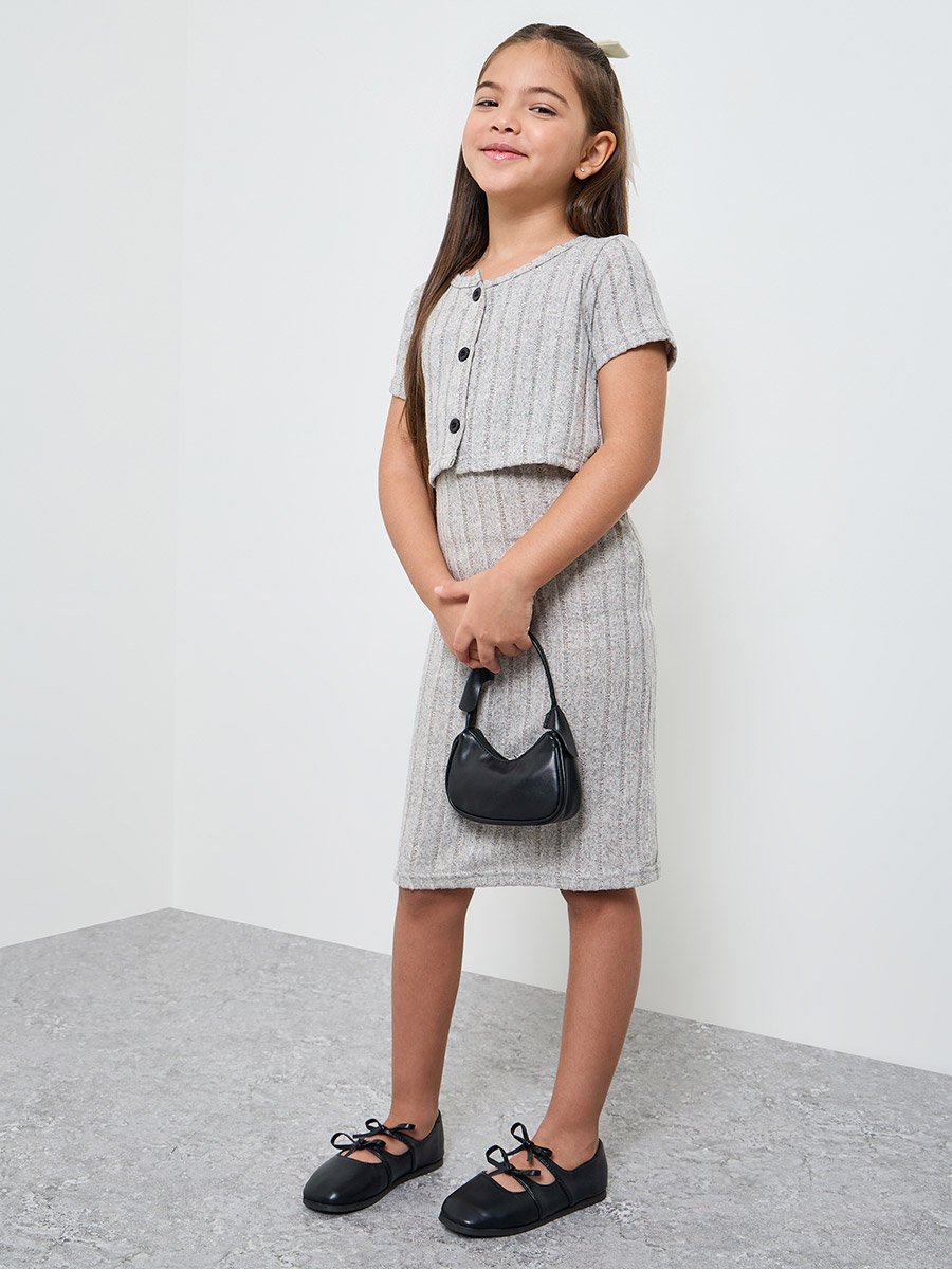 Girls Ribbed Strappy Dress and Cardigan Set