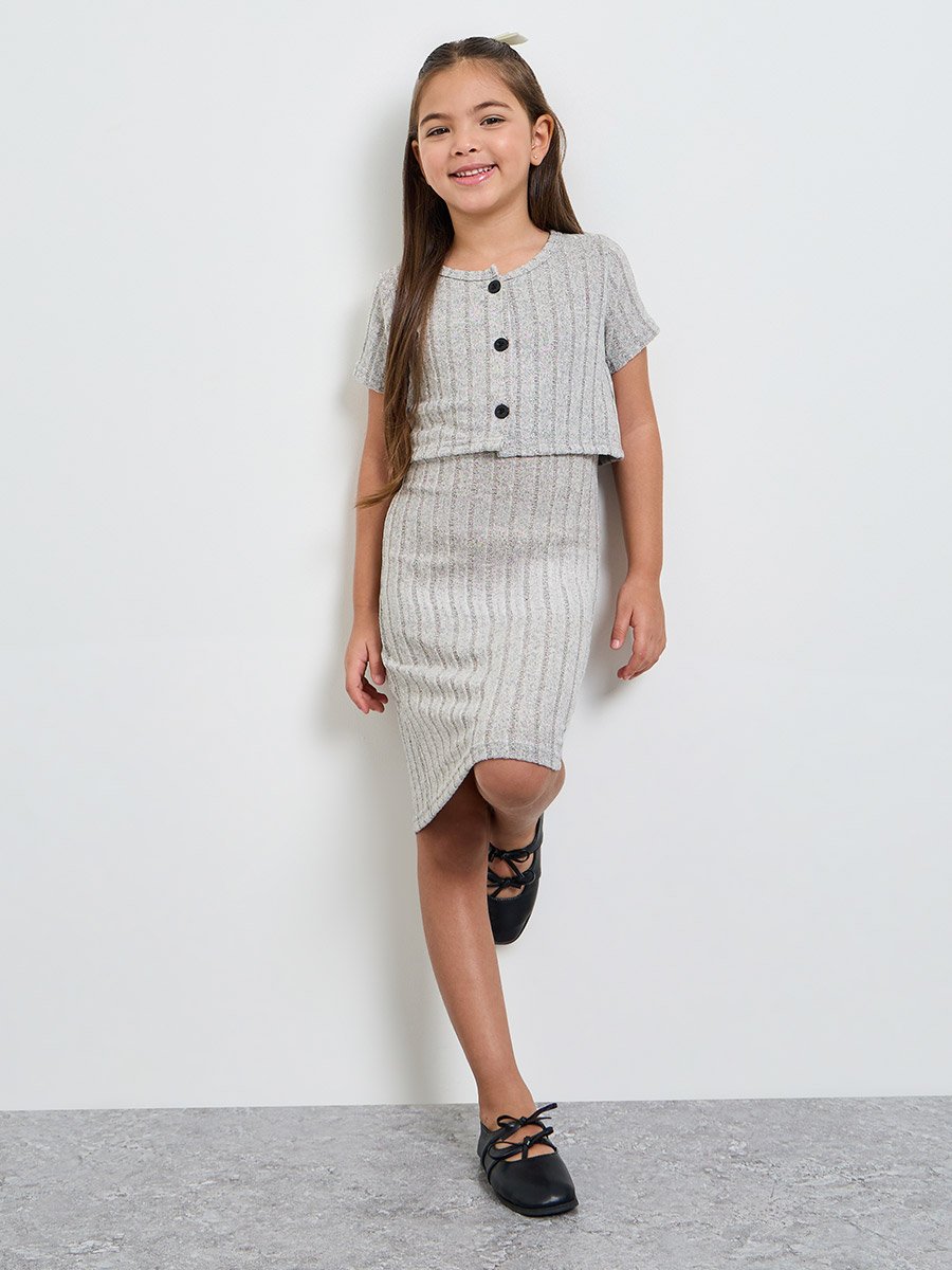 Girls Ribbed Strappy Dress and Cardigan Set