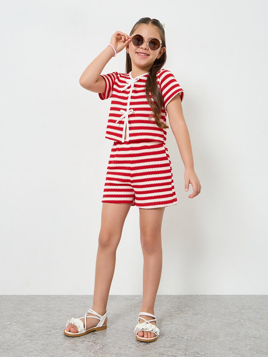 Girls Red Striped Knit Top and Shorts Set