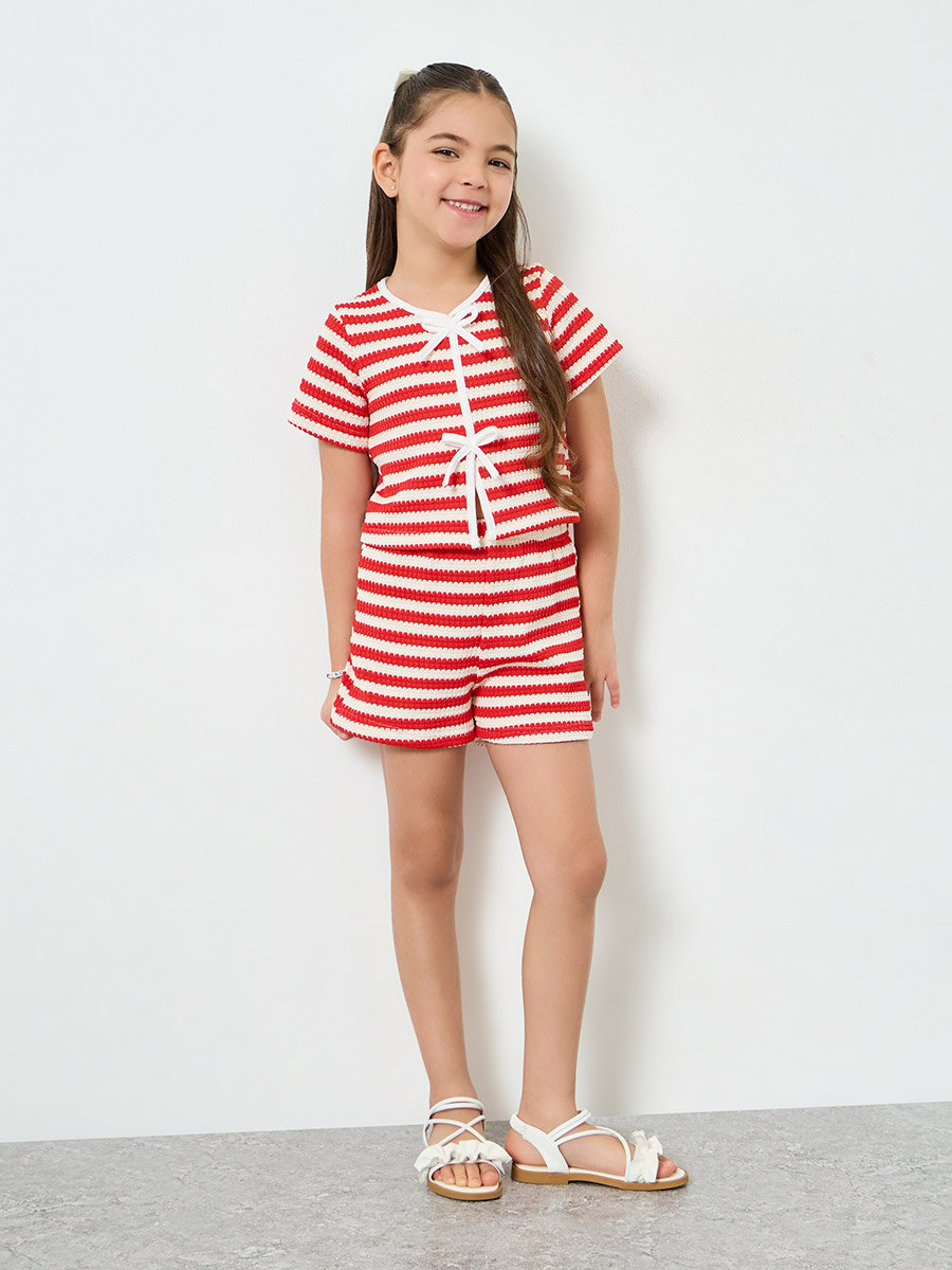 Girls Red Striped Knit Top and Shorts Set