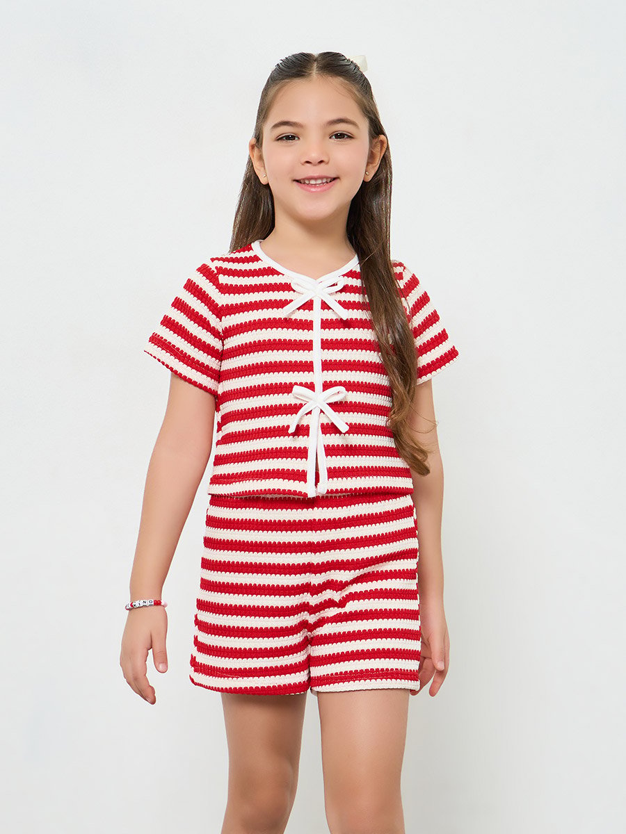 Girls Red Striped Knit Top and Shorts Set