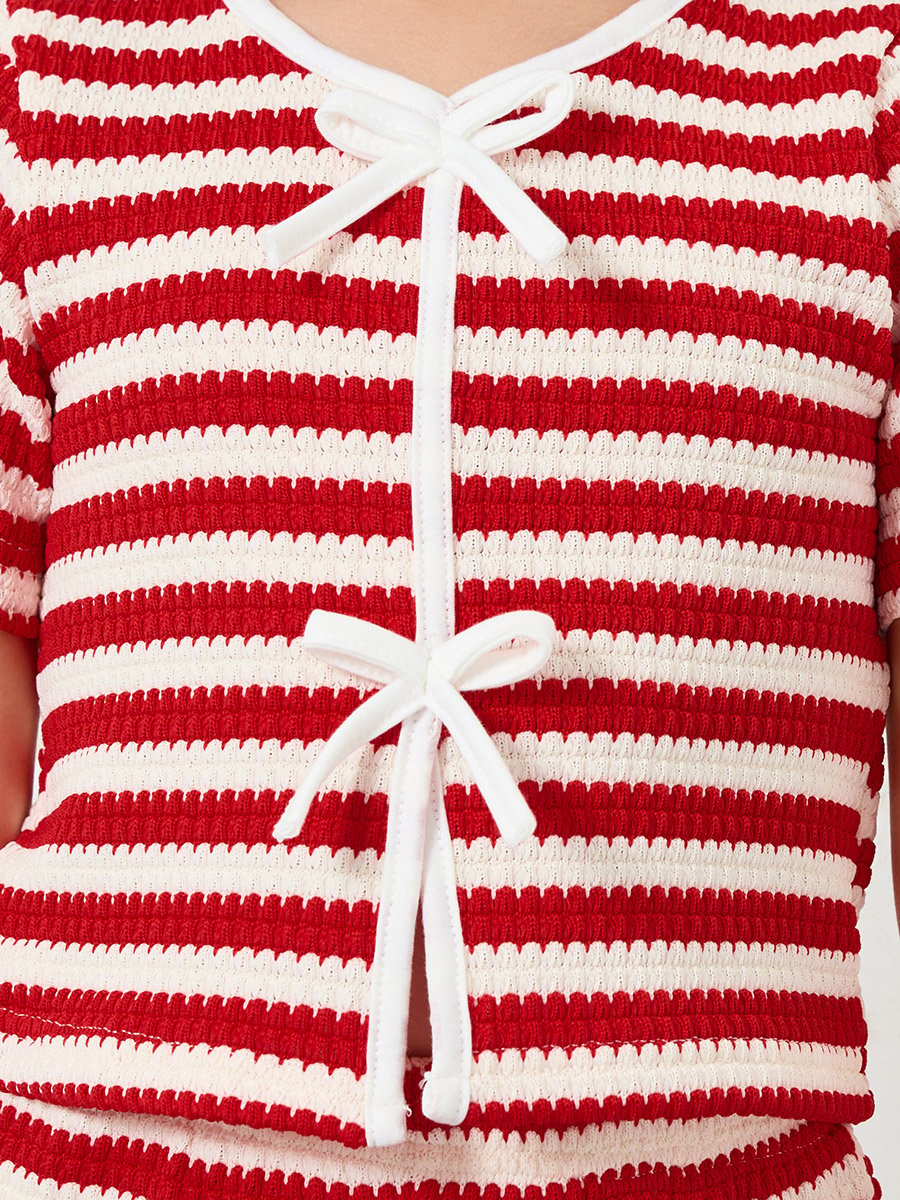 Girls Red Striped Knit Top and Shorts Set