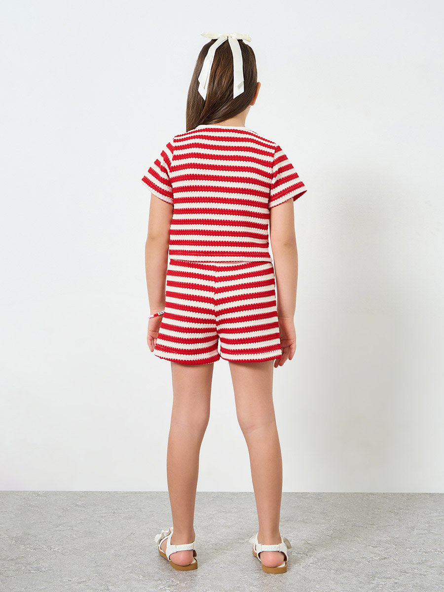Girls Red Striped Knit Top and Shorts Set