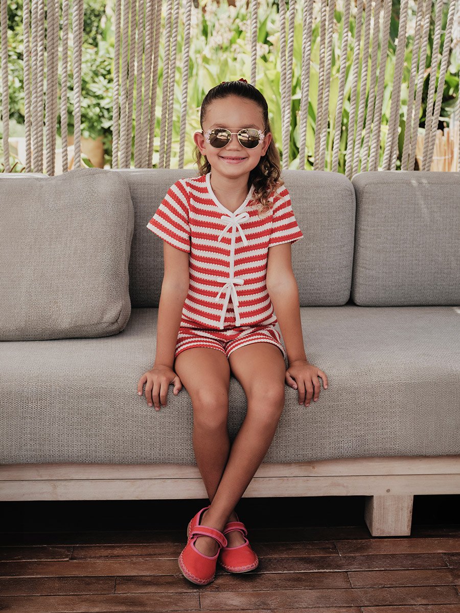 Girls Red Striped Knit Top and Shorts Set