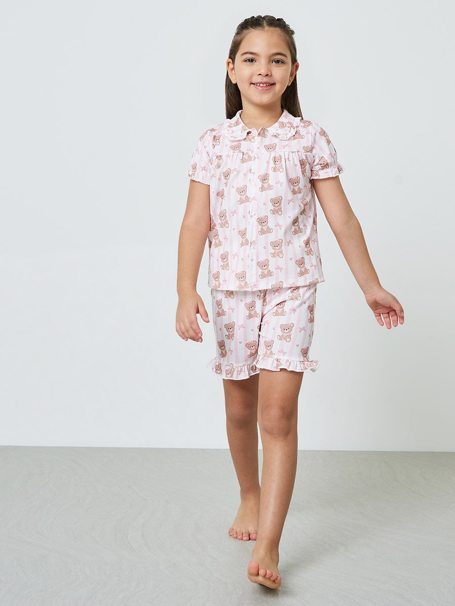 Girls Printed Button Front Top and Shorts Set