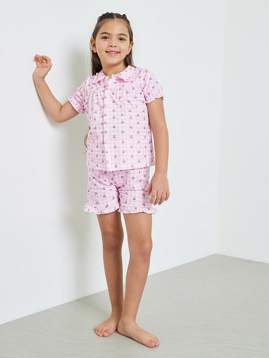 Girls Cherry Print Button Front Top and Shorts Set