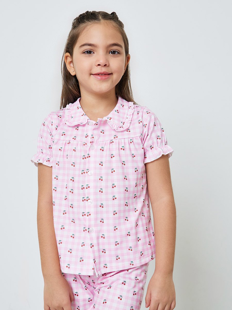 Girls Cherry Print Button Front Top and Shorts Set