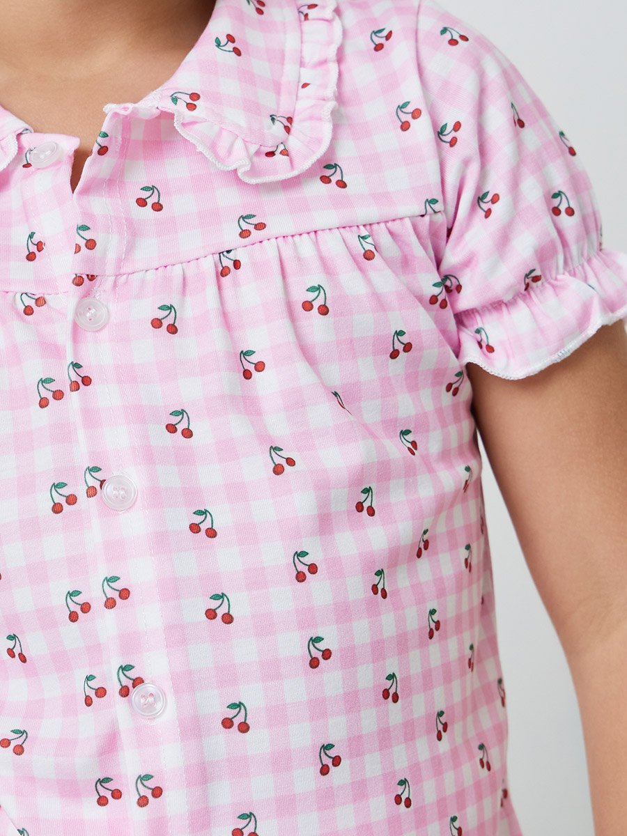 Girls Cherry Print Button Front Top and Shorts Set