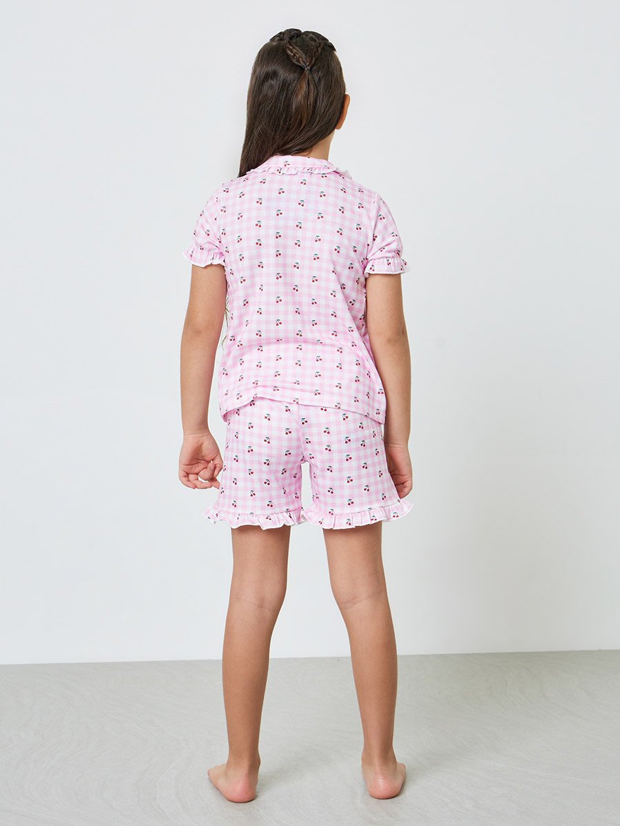 Girls Cherry Print Button Front Top and Shorts Set