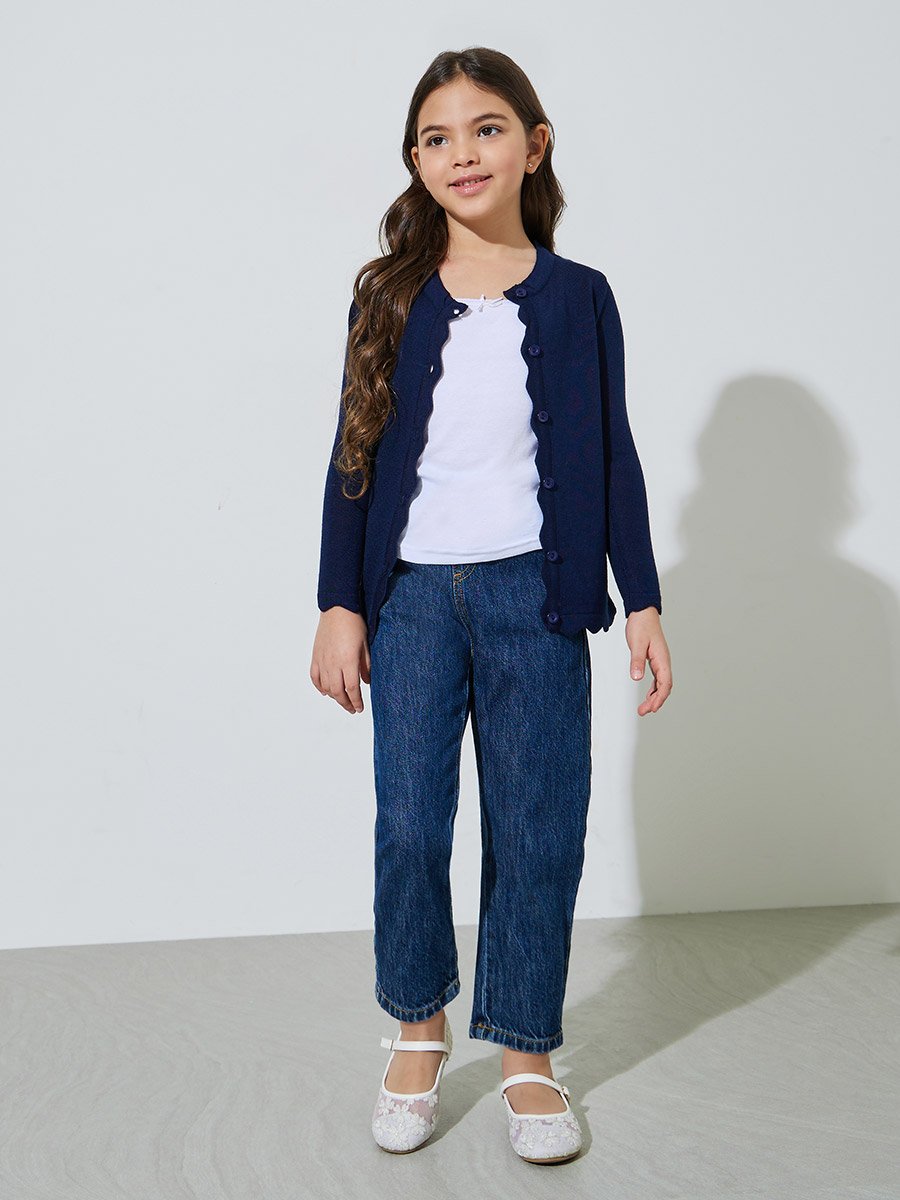 Girls Navy Blue Solid Button-Front Cardigan
