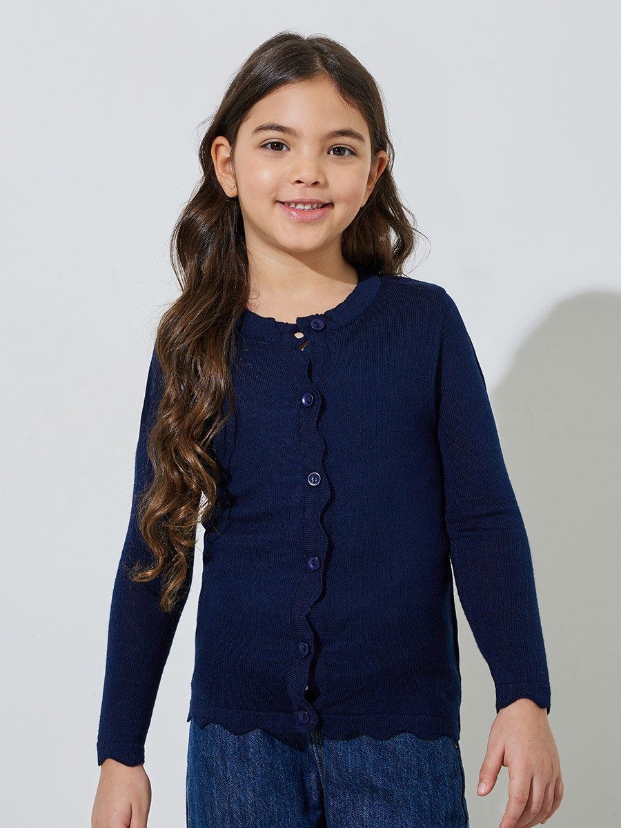 Girls Navy Blue Solid Button-Front Cardigan
