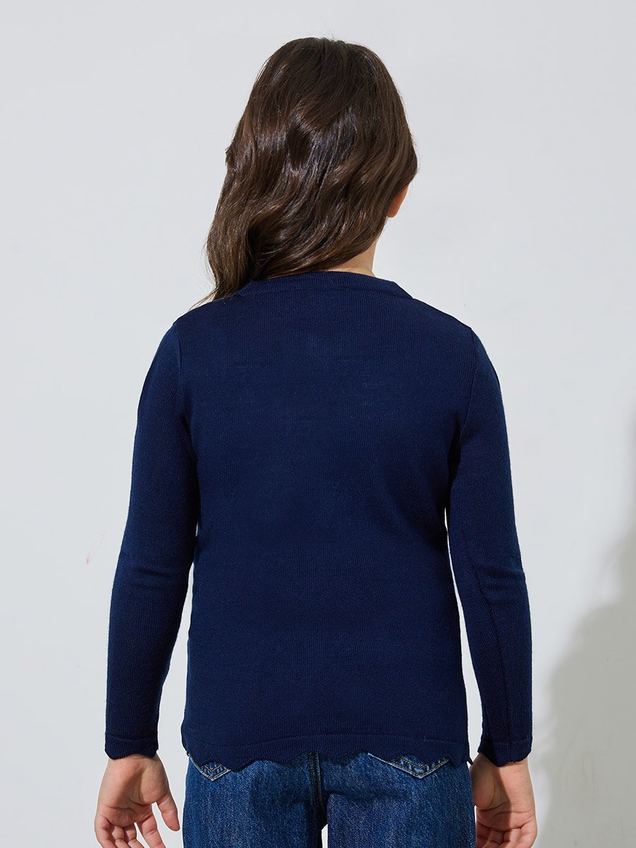 Girls Navy Blue Solid Button-Front Cardigan