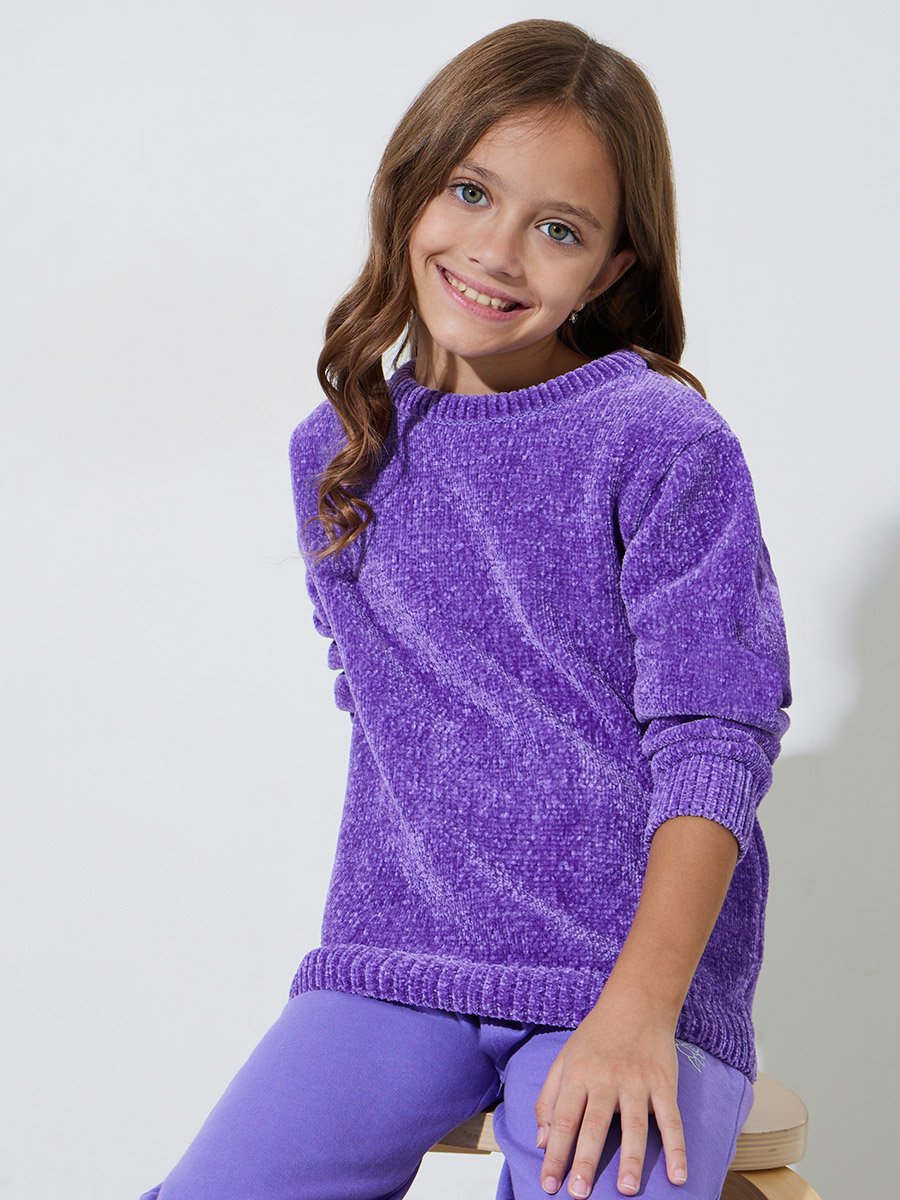 Girls Purple Round Neck Chenille Knit Sweater