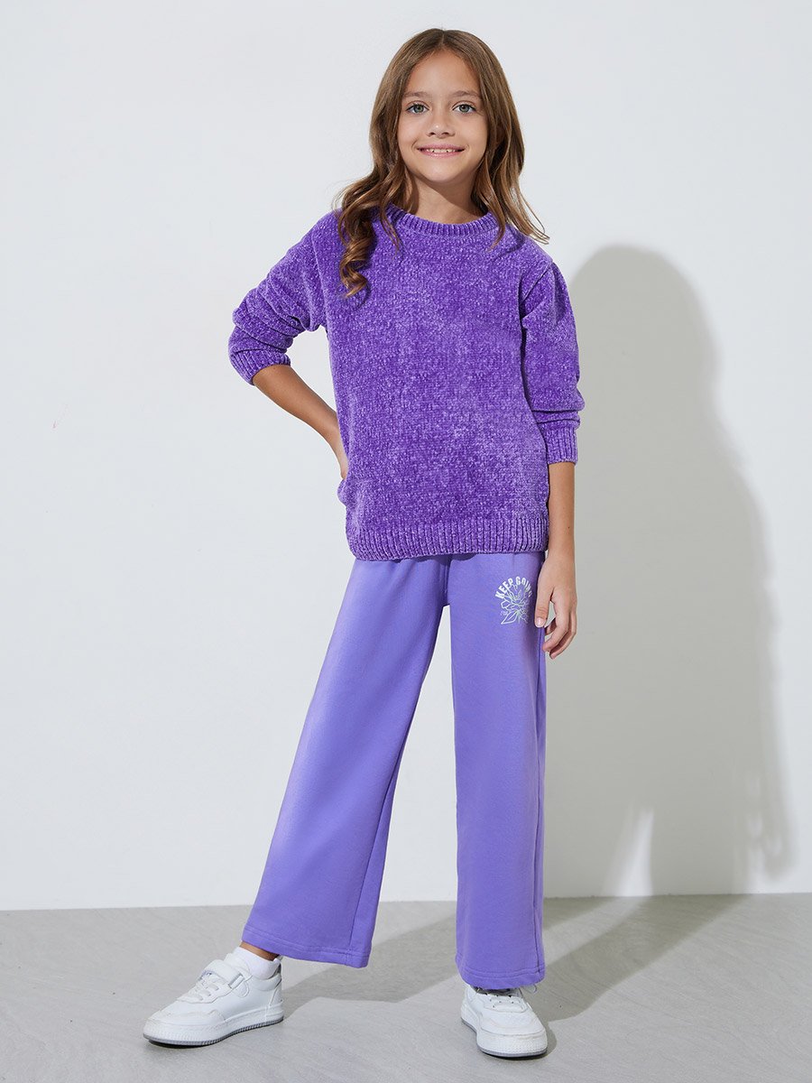 Girls Purple Round Neck Chenille Knit Sweater