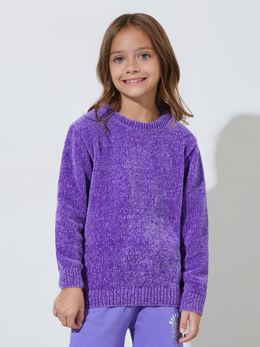 Girls Purple Round Neck Chenille Knit Sweater