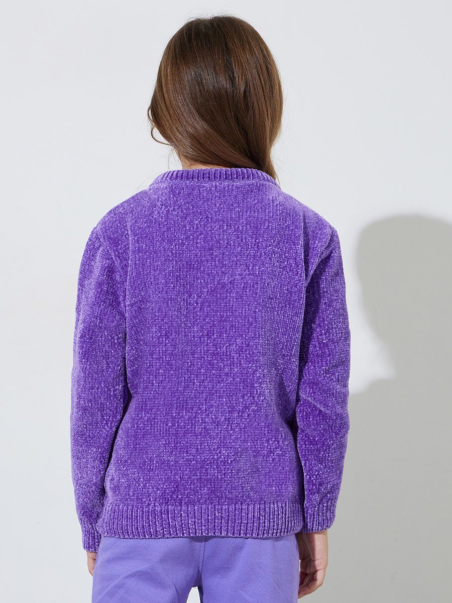 Girls Purple Round Neck Chenille Knit Sweater