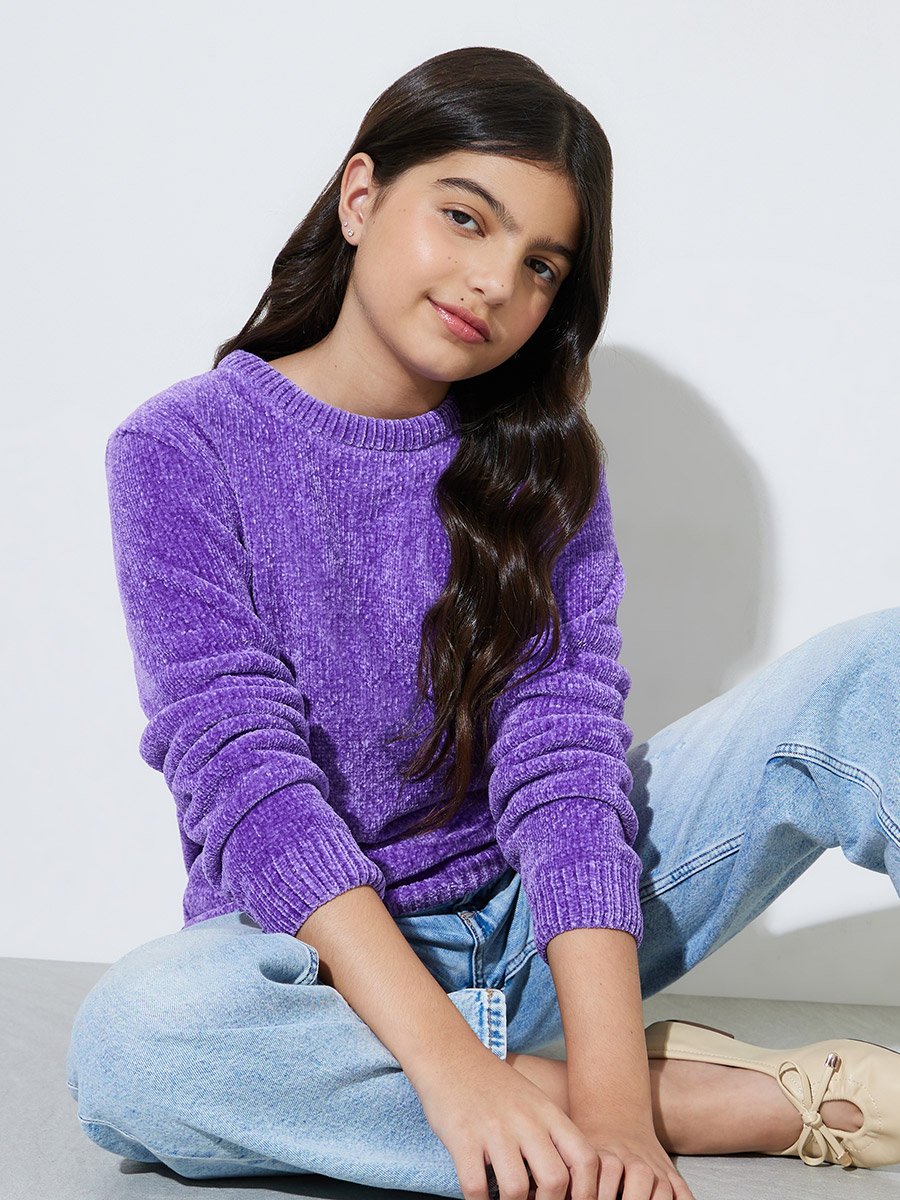 Teen Girls Purple Solid Round Neck knitted Sweater