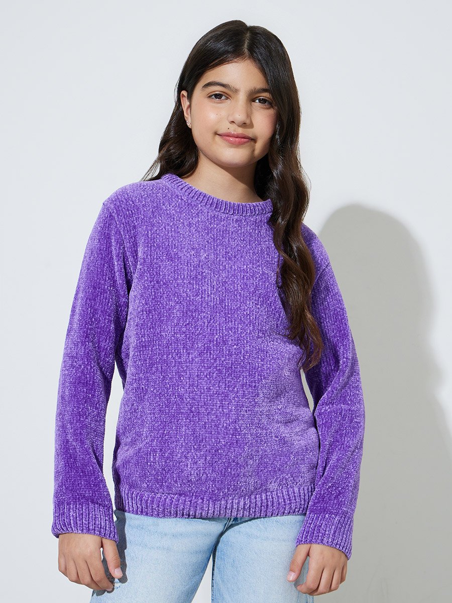 Teen Girls Purple Solid Round Neck knitted Sweater