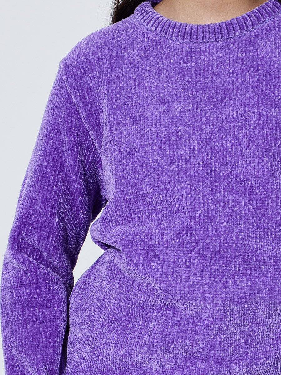 Teen Girls Purple Solid Round Neck knitted Sweater
