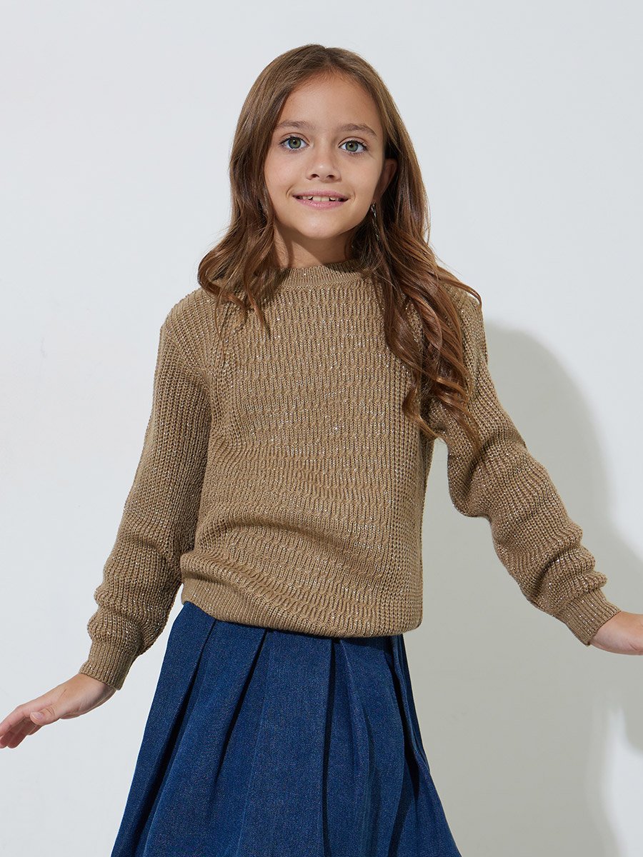 Girls Beige Textured Knit Pullover Sweater