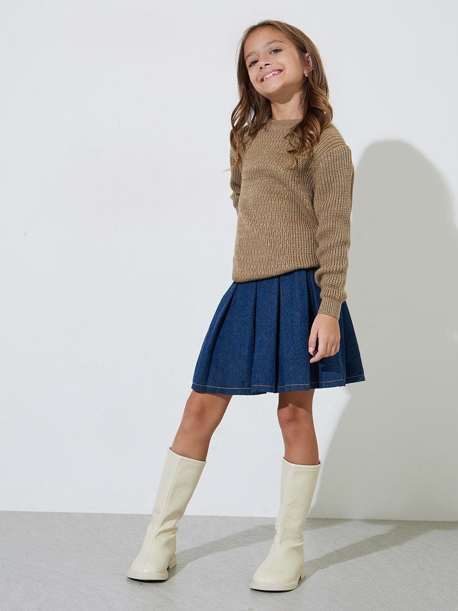 Girls Beige Textured Knit Pullover Sweater