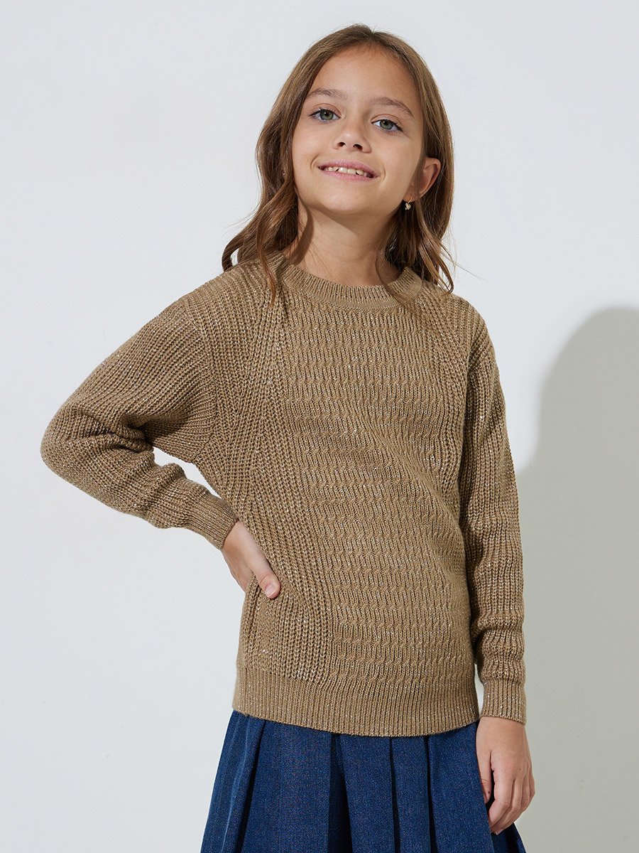 Girls Beige Textured Knit Pullover Sweater