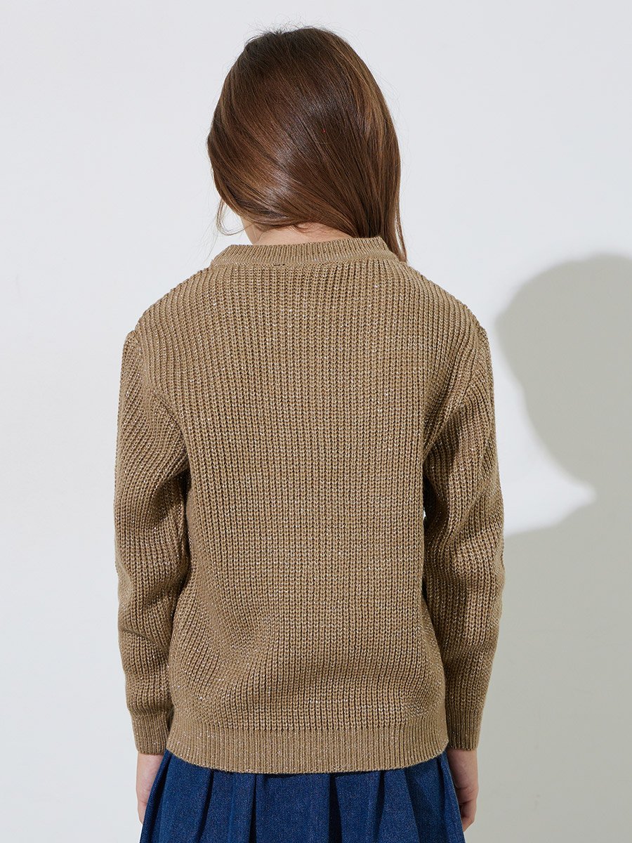 Girls Beige Textured Knit Pullover Sweater