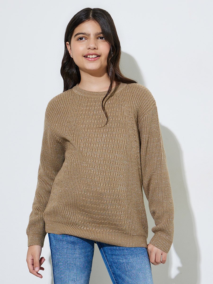 Teen Girls Beige Round neck Knit Jumper