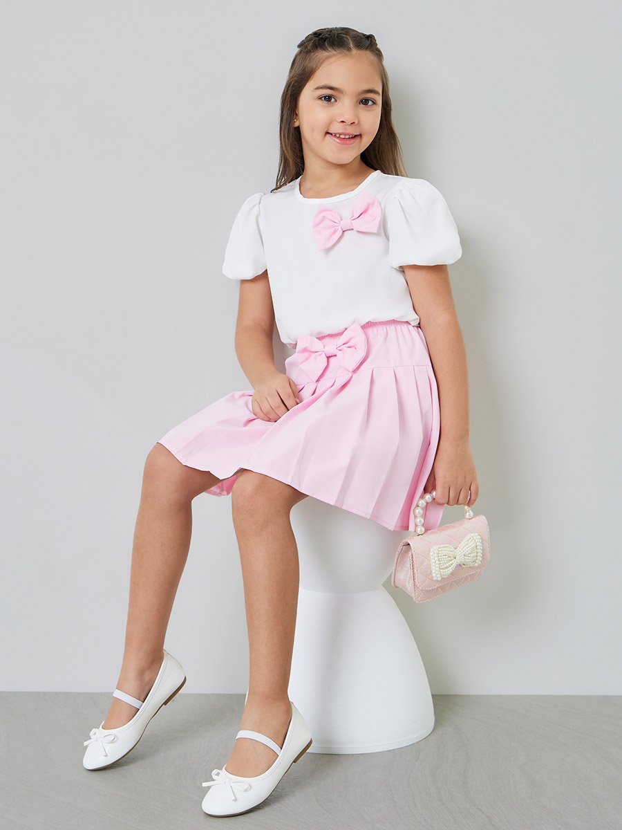 Girls Bow Detail Puff Sleeve Blouse and Pleated Skirt Set