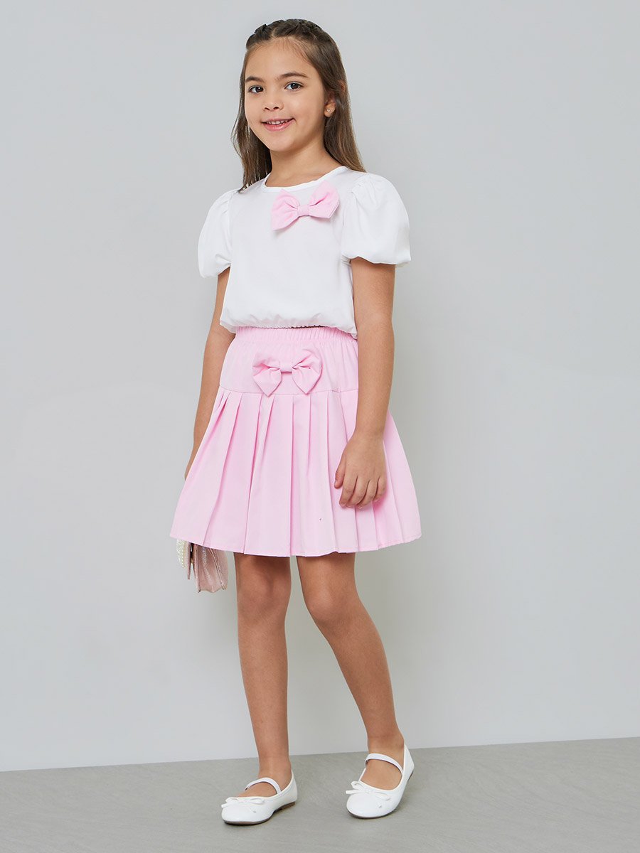 Girls Bow Detail Puff Sleeve Blouse and Pleated Skirt Set