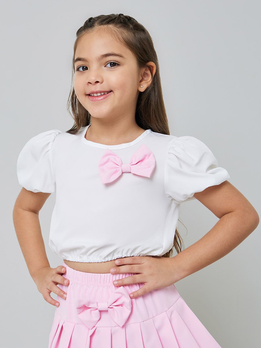Girls Bow Detail Puff Sleeve Blouse and Pleated Skirt Set