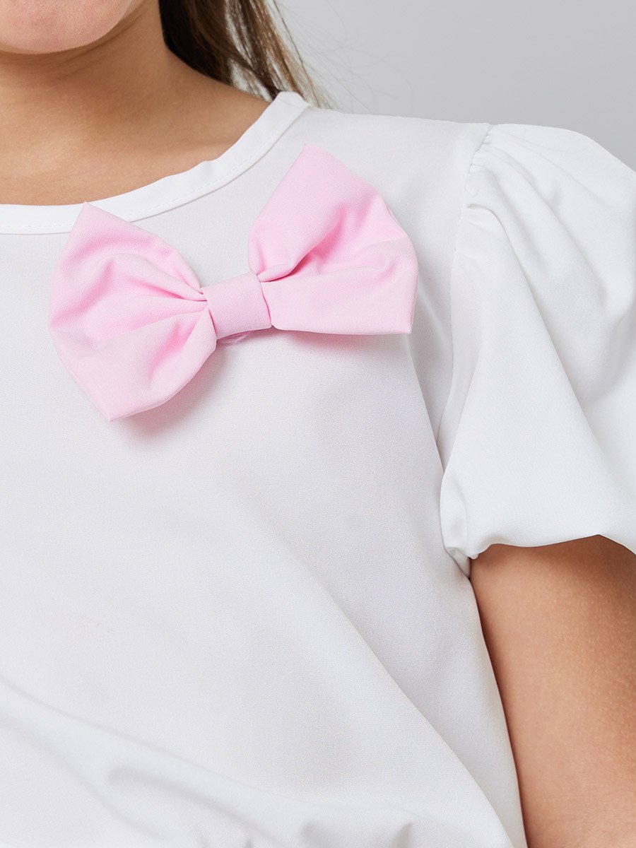Girls Bow Detail Puff Sleeve Blouse and Pleated Skirt Set