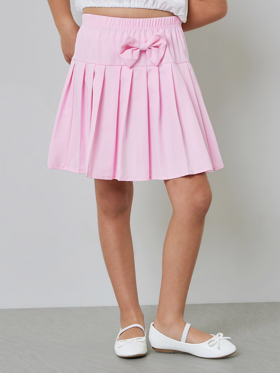 Girls Bow Detail Puff Sleeve Blouse and Pleated Skirt Set
