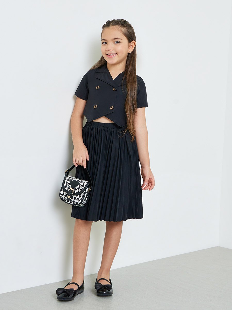 Girls Double Breasted Waistcoat and Pleated Skirt Set