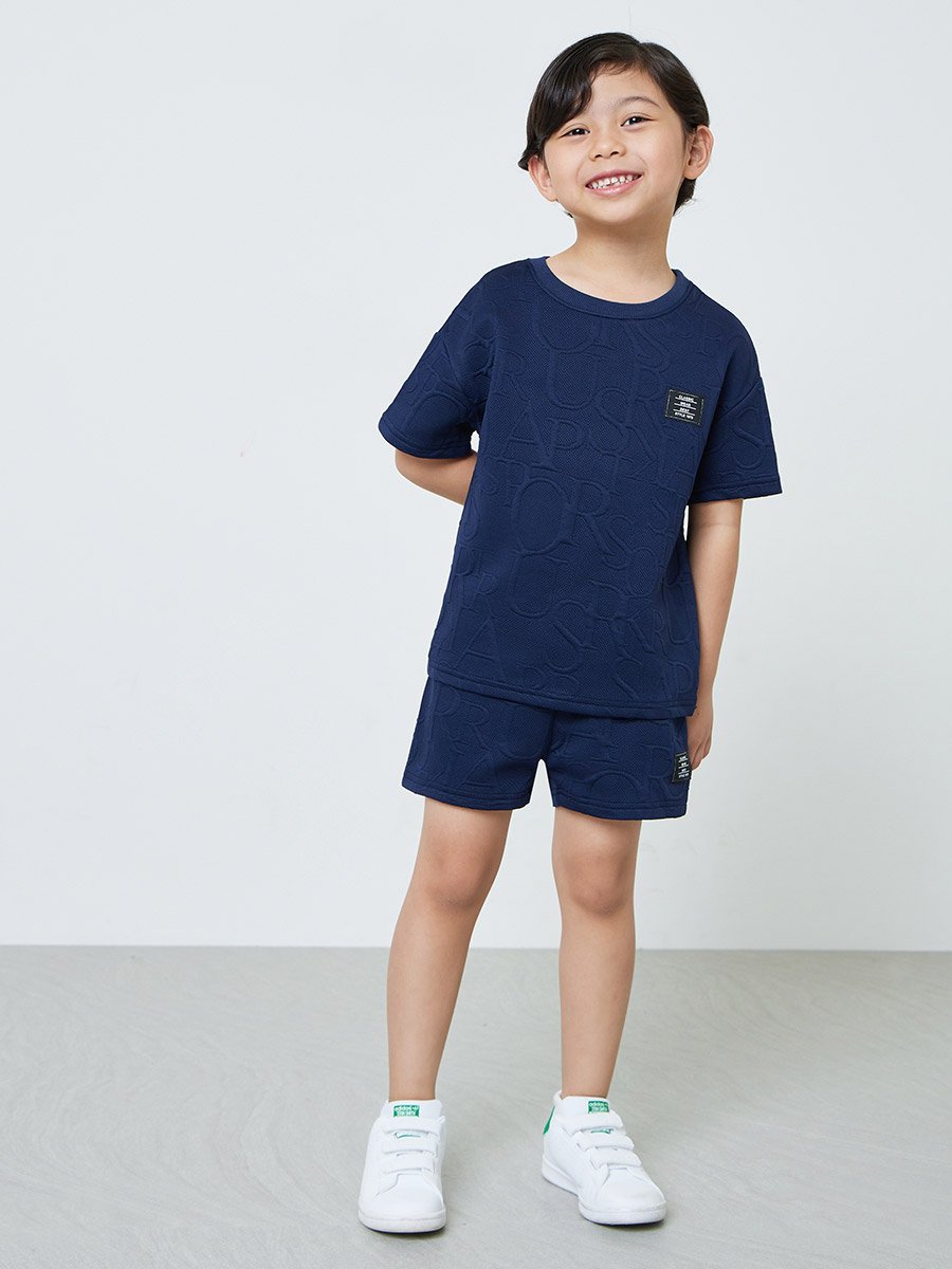 Boys Navy Blue Embossed Detail T-Shirt and Shorts Set
