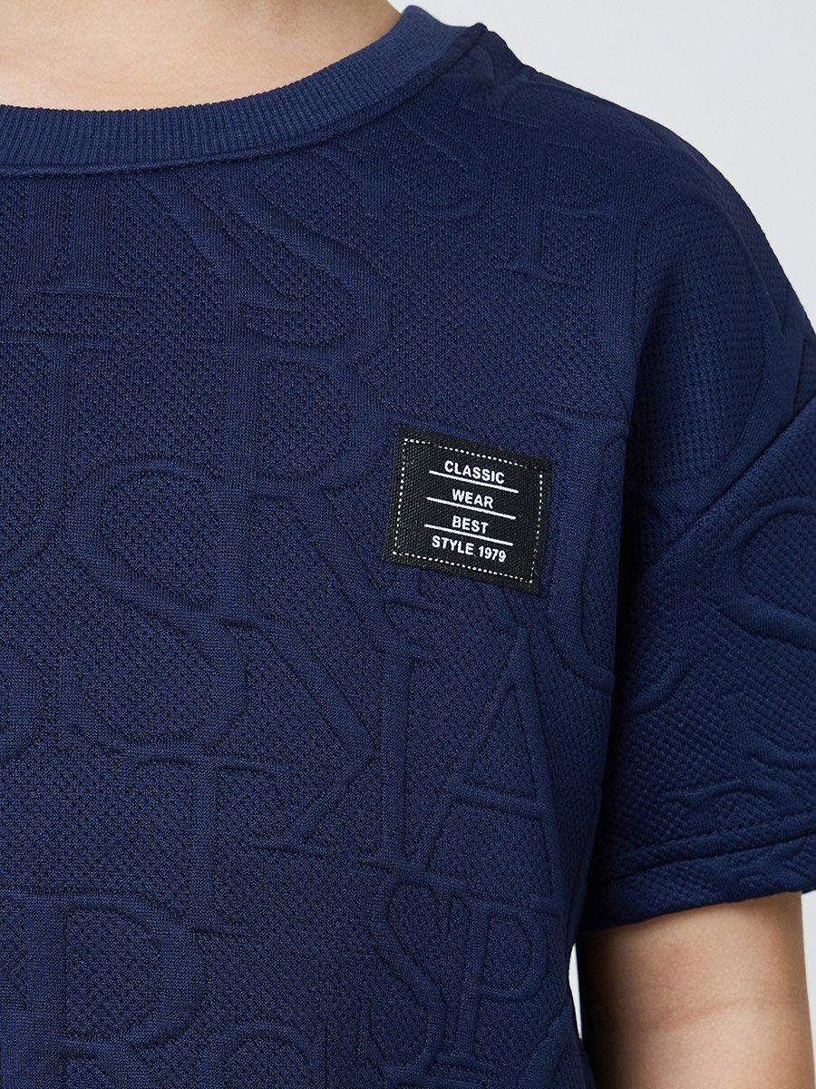 Boys Navy Blue Embossed Detail T-Shirt and Shorts Set