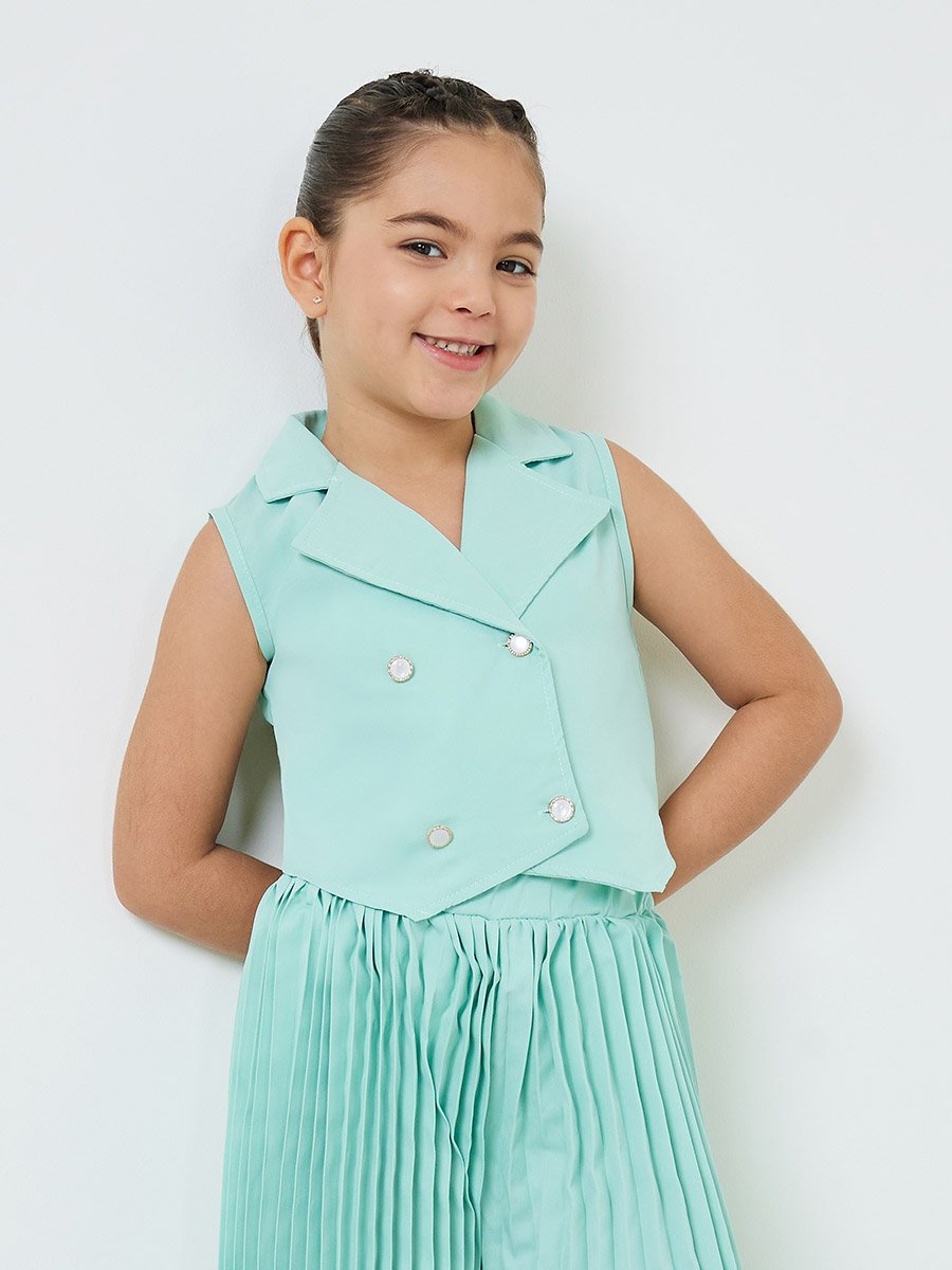 Girls Green Sleeveless Waistcoat and Pleated Trousers Set