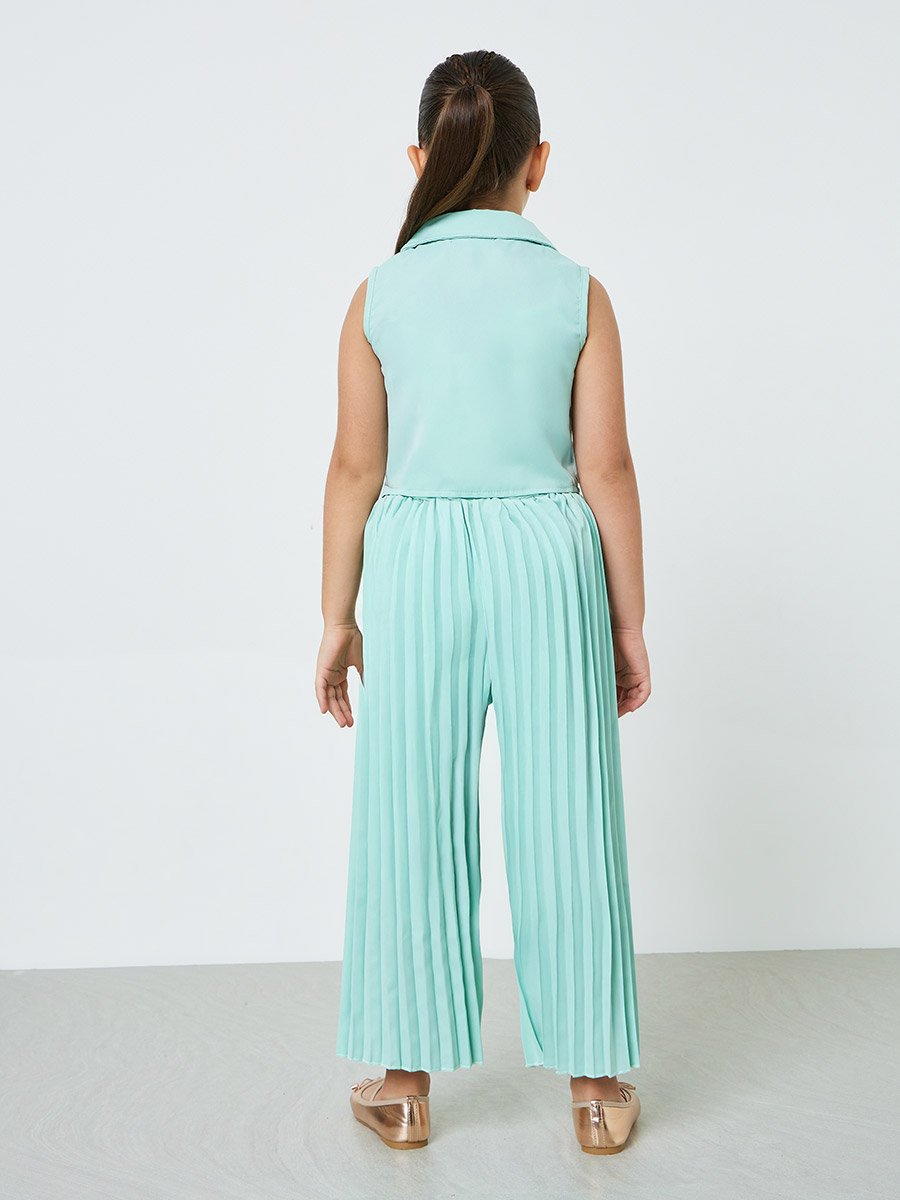 Girls Green Sleeveless Waistcoat and Pleated Trousers Set