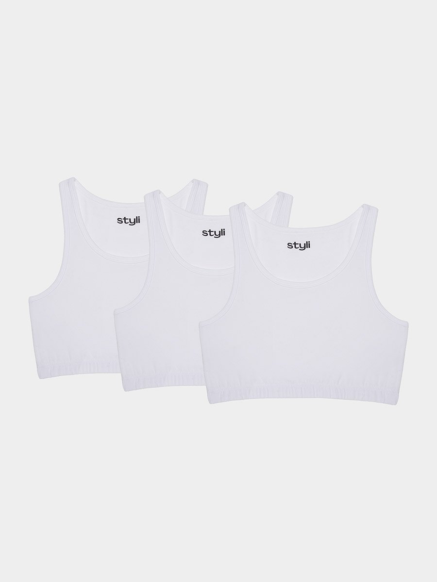 Girls Pack of 3 - Wide Strap Sports Bra with Elastic Waist