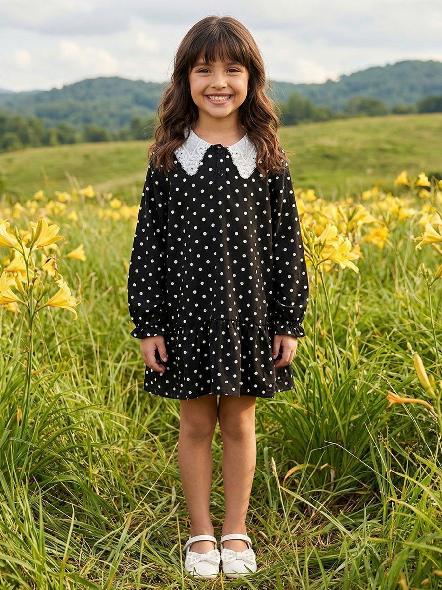 Kids Black Polka Dot A-Line Mini Dress with Lace Collar