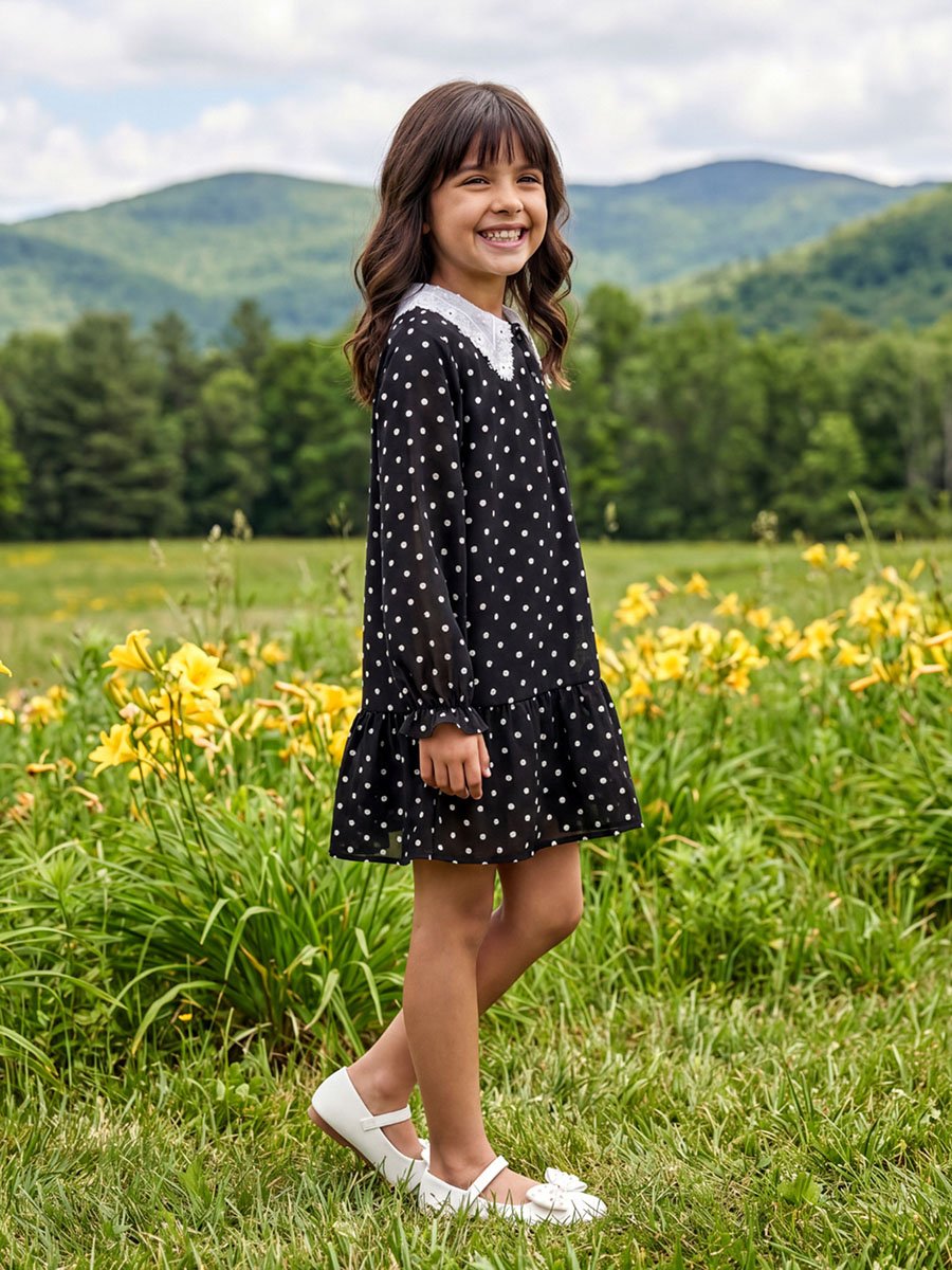 Kids Black Polka Dot A-Line Mini Dress with Lace Collar