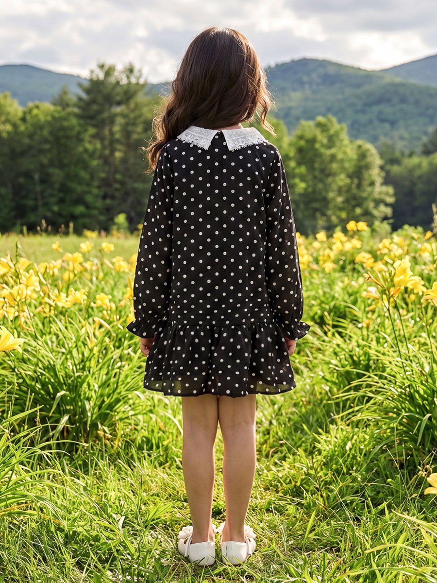 Kids Black Polka Dot A-Line Mini Dress with Lace Collar