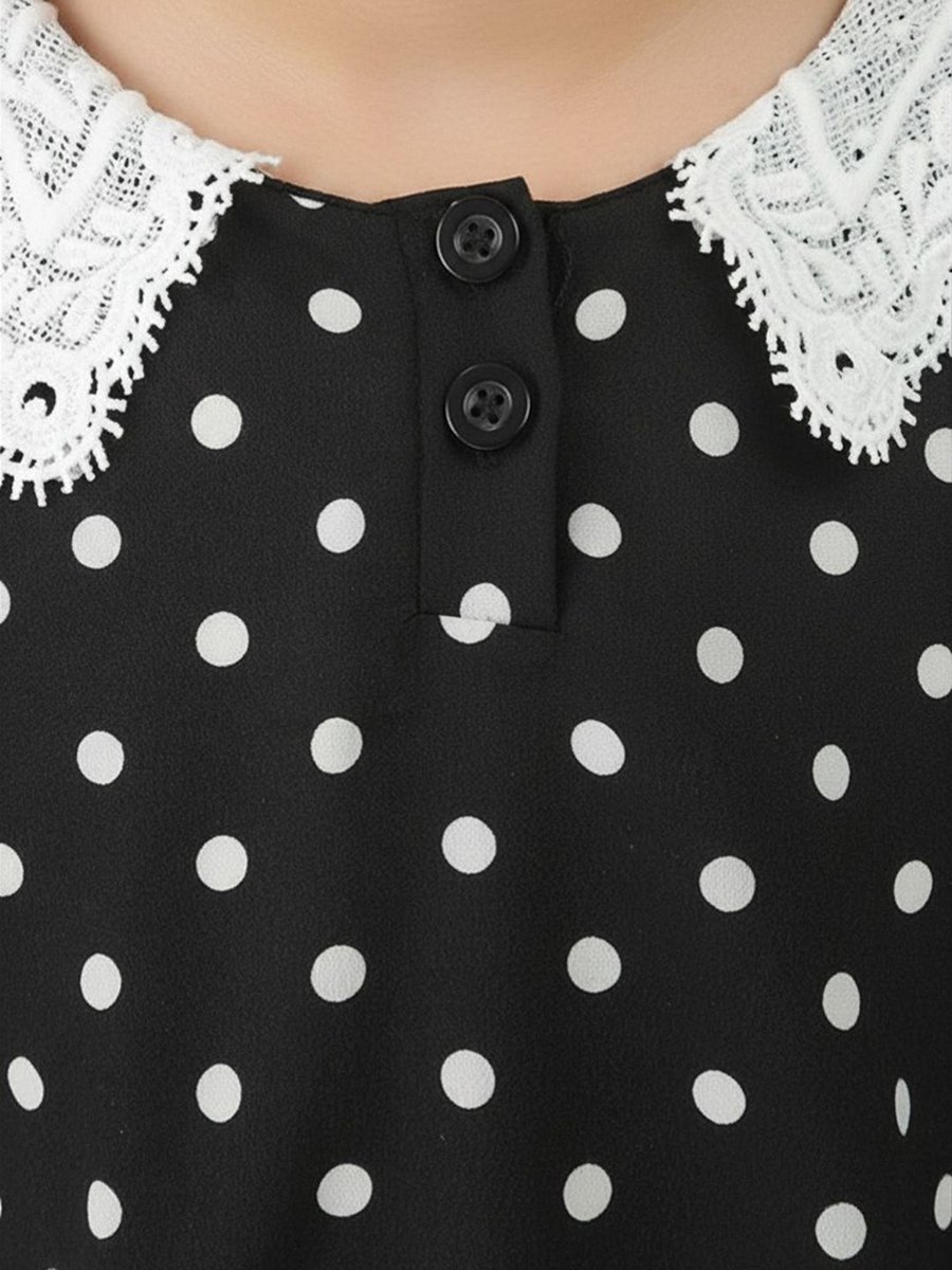 Kids Black Polka Dot A-Line Mini Dress with Lace Collar