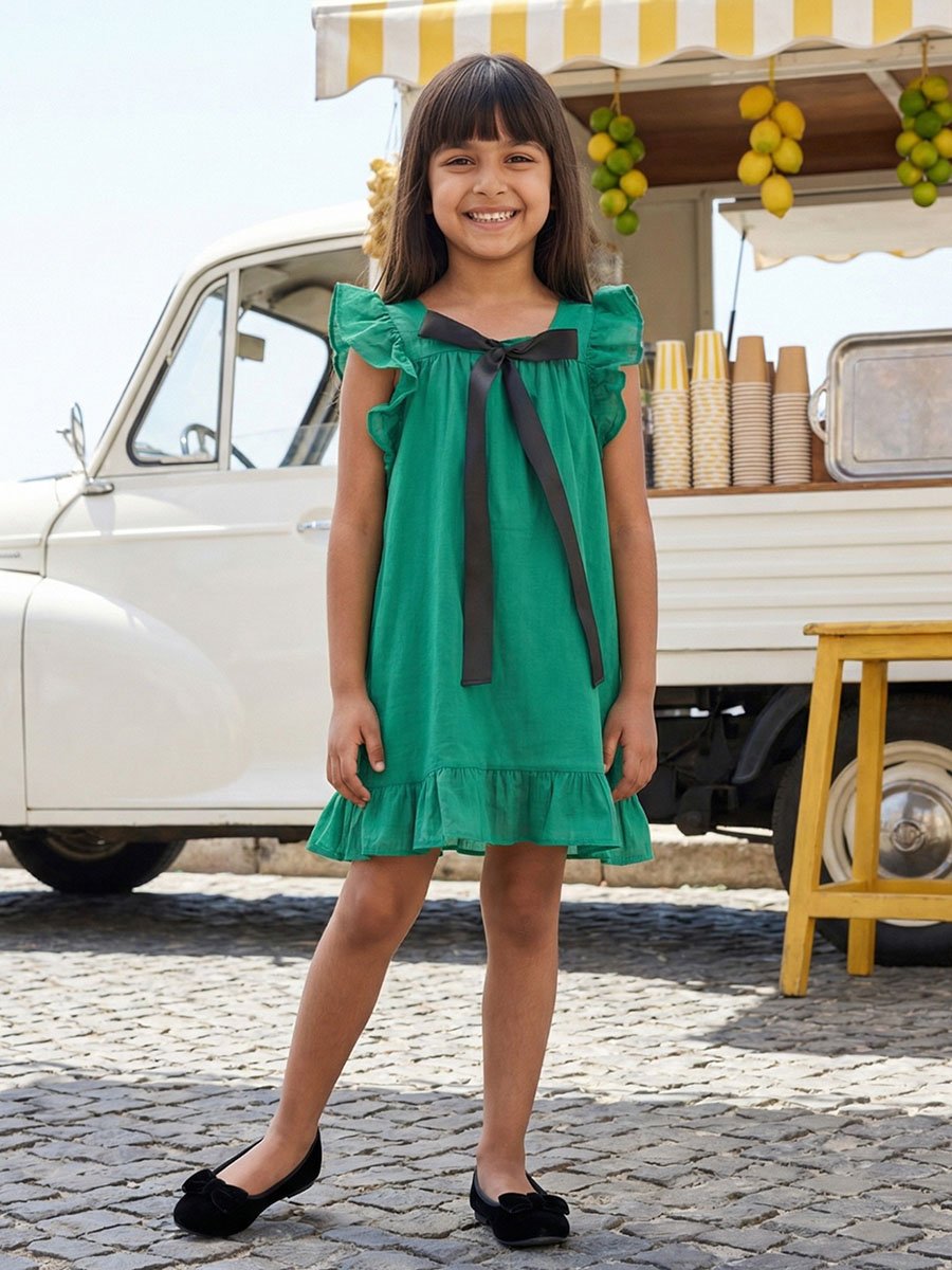 Girls Green Mini A-Line Dress with Flutter Sleeves and Bow Detail