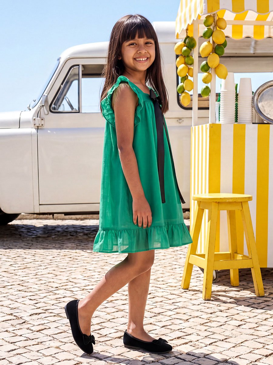 Girls Green Mini A-Line Dress with Flutter Sleeves and Bow Detail