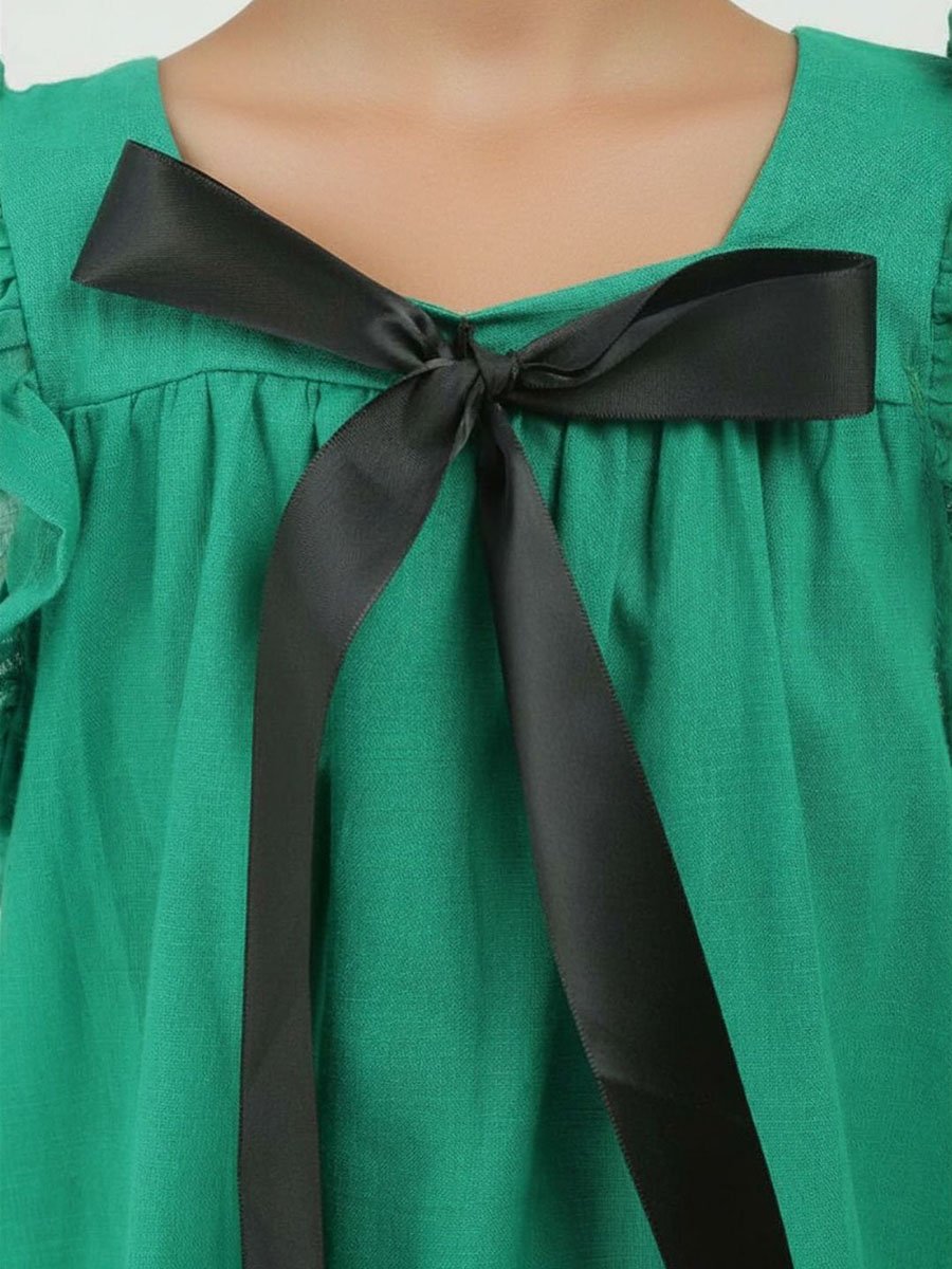 Girls Green Mini A-Line Dress with Flutter Sleeves and Bow Detail