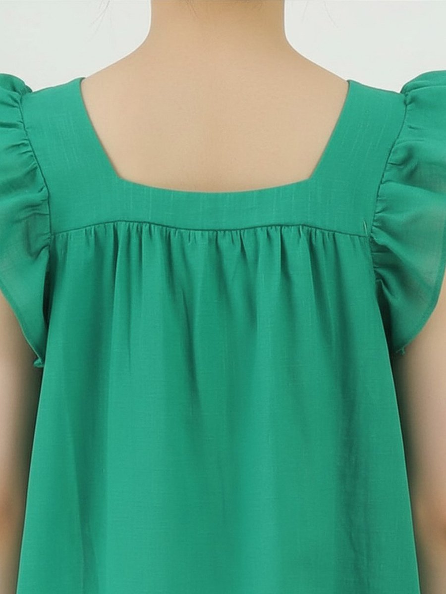 Girls Green Mini A-Line Dress with Flutter Sleeves and Bow Detail