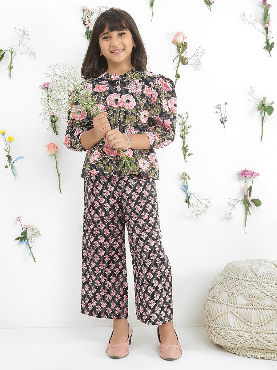 Girls Black Frilled Floral Print Shirt with Pants Set